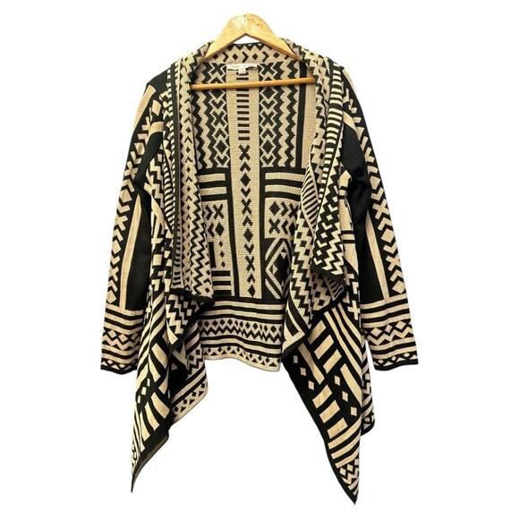 Black and White Geometric Cardigan, Open Front, Draped, Tribal Print, Aztec Boho - Picture 2 of 15